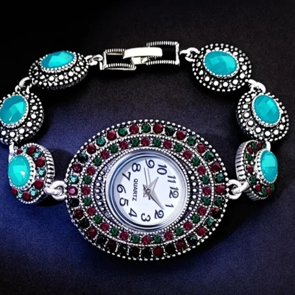 NEW 2/$40 Elegant‎ Vintage Silver, Turquoise and Red Women's Watch-(#0238)